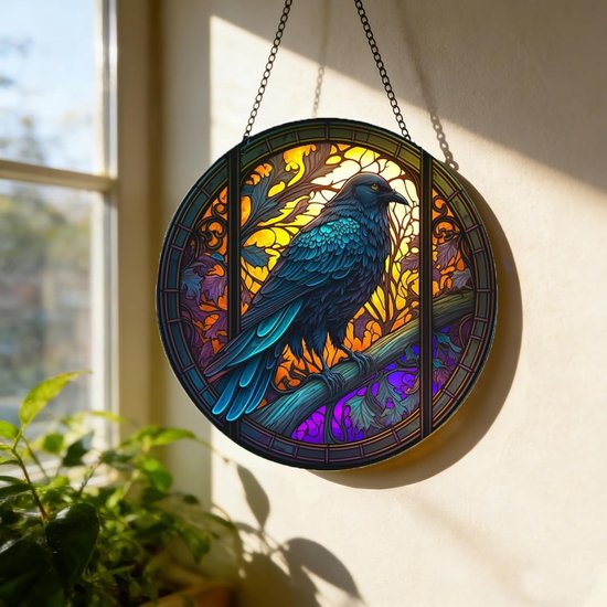 SnelShoppen - Acryl ornamenten Raaf en Kraai glas in lood raam opknoping, glas in lood kraai suncatcher voor vogelliefhebbers, Halloween herfst decor, — afbeelding 5