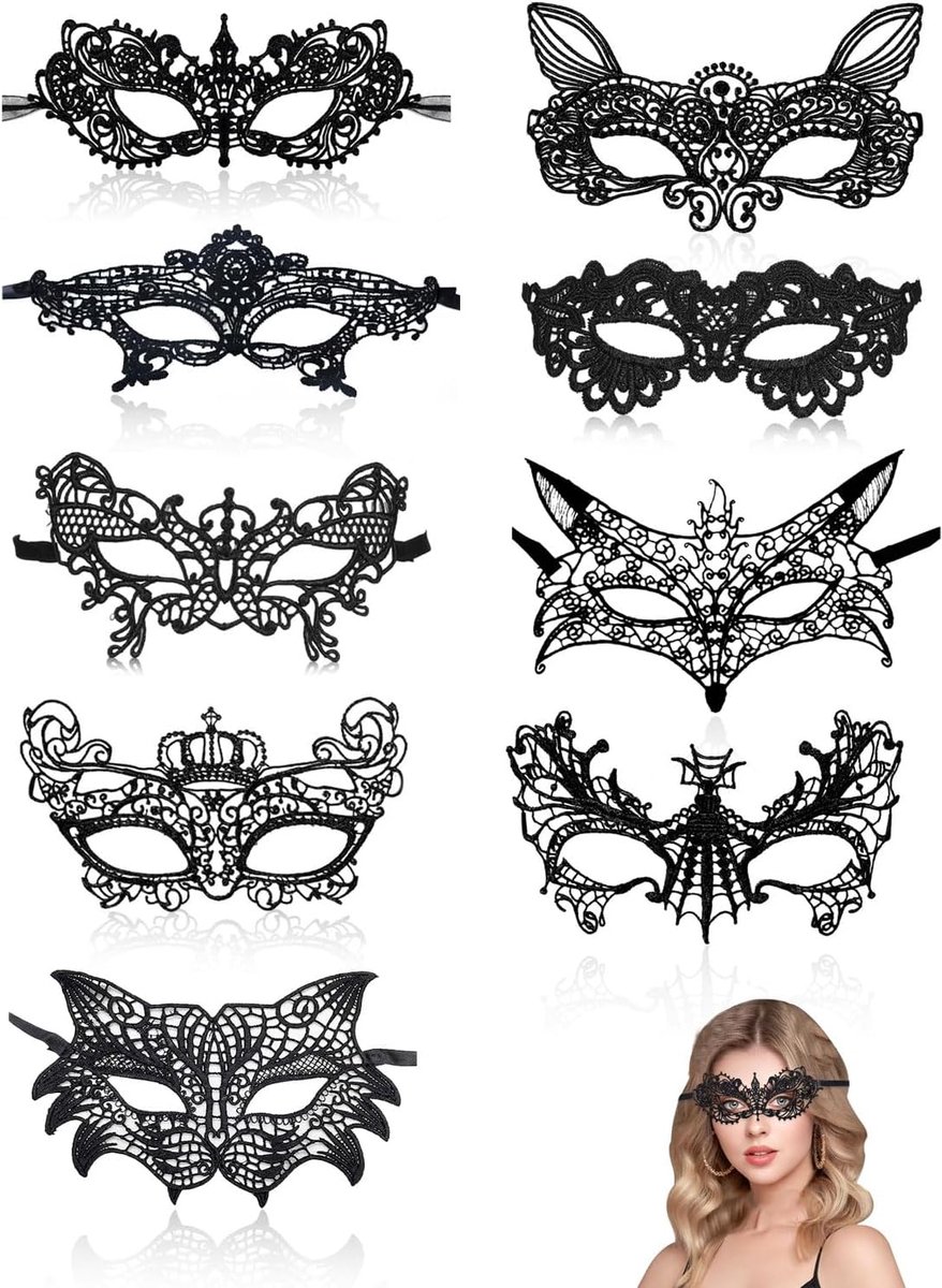 SnelShoppen - 9 Stuks Zwart Carnaval Masker, Kanten Masker voor Dames, Sexy Halloween Verkleedkleding, Cosplay, Feest, Carnaval, Gothic, 9 Stijlen