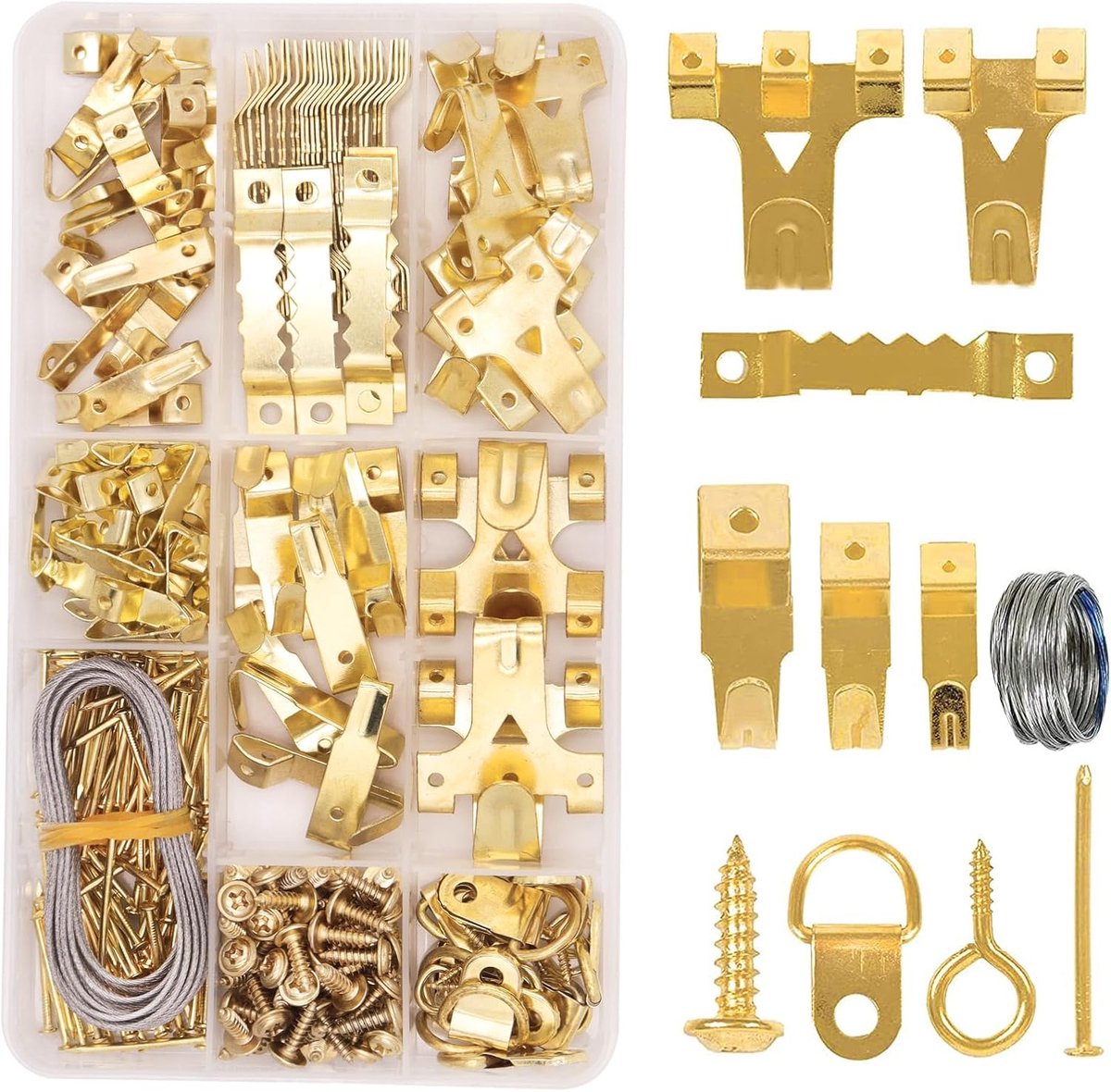 Hangers, foto opknoping kit Heavy Duty, foto haken, met foto draad, spijkers, zaagtand, D ring, schroef ogen, voor fotolijst bevestiging (282 stuks)