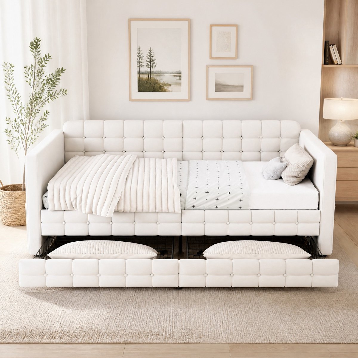 FloraGrace Gestoffeerd Bed 90x190 cm - Slaapbank met Opbergruimte en Lades - Voor Logeerkamer - Fluweel - Beige - Zonder Matras