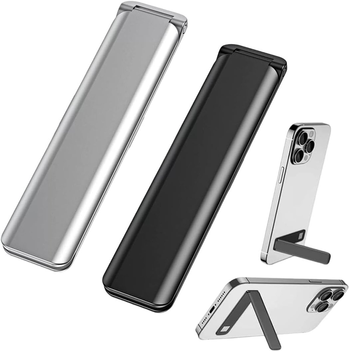 Aluminium telefoonstandaard set van 2, verstelbaar voor verticaal en horizontaal gebruik, stevige bureauhouder voor smartphone en tablet, perfect voor thuis en op kantoor