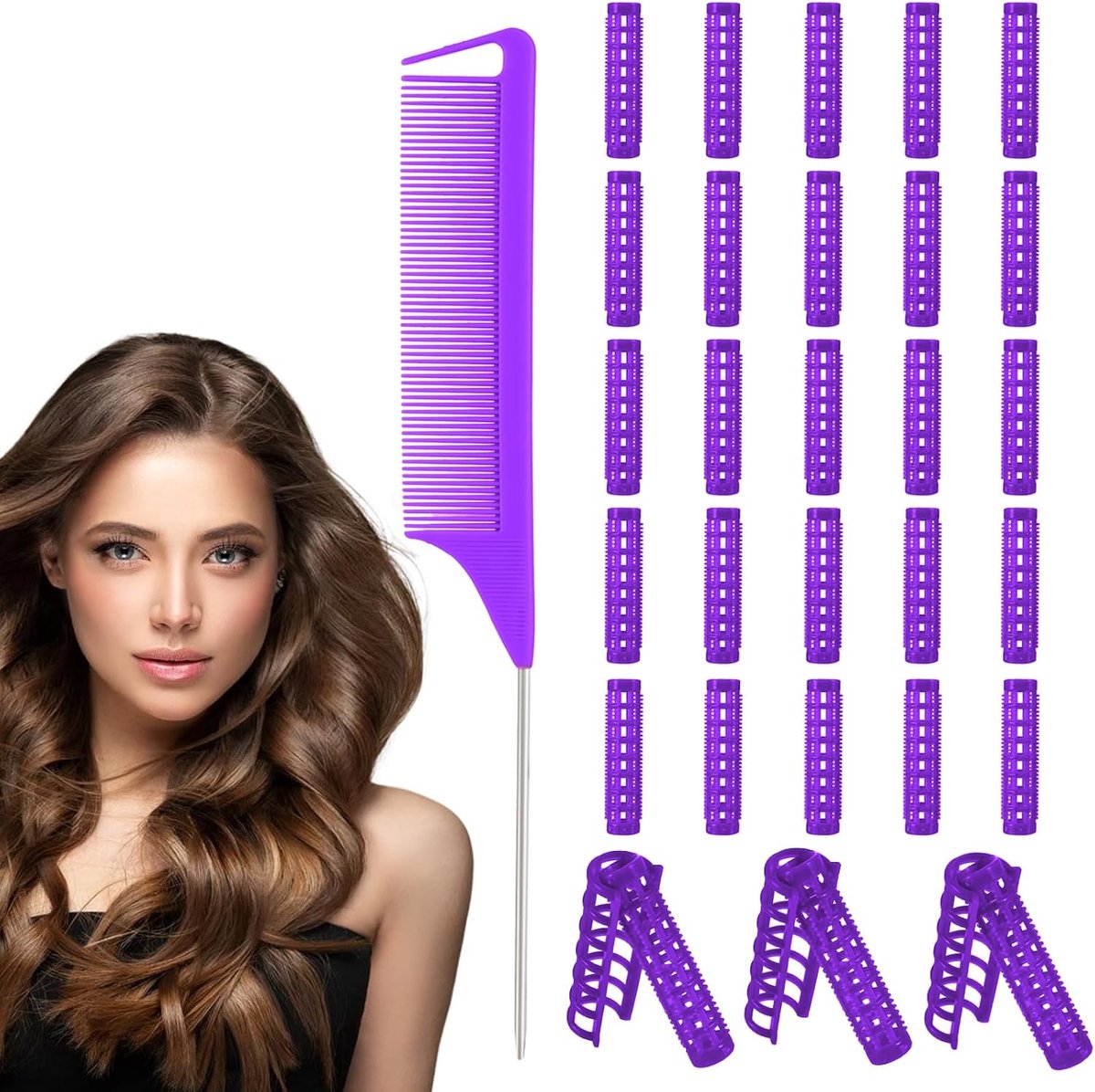 28 stuks kleine plastic haarrollers, 1,5 cm haarrollers voor vrouwen met stalen rattenstaartkam, hitteloze opklikroller voor haar, korte dunne fijne haarstylingtools (paars)
