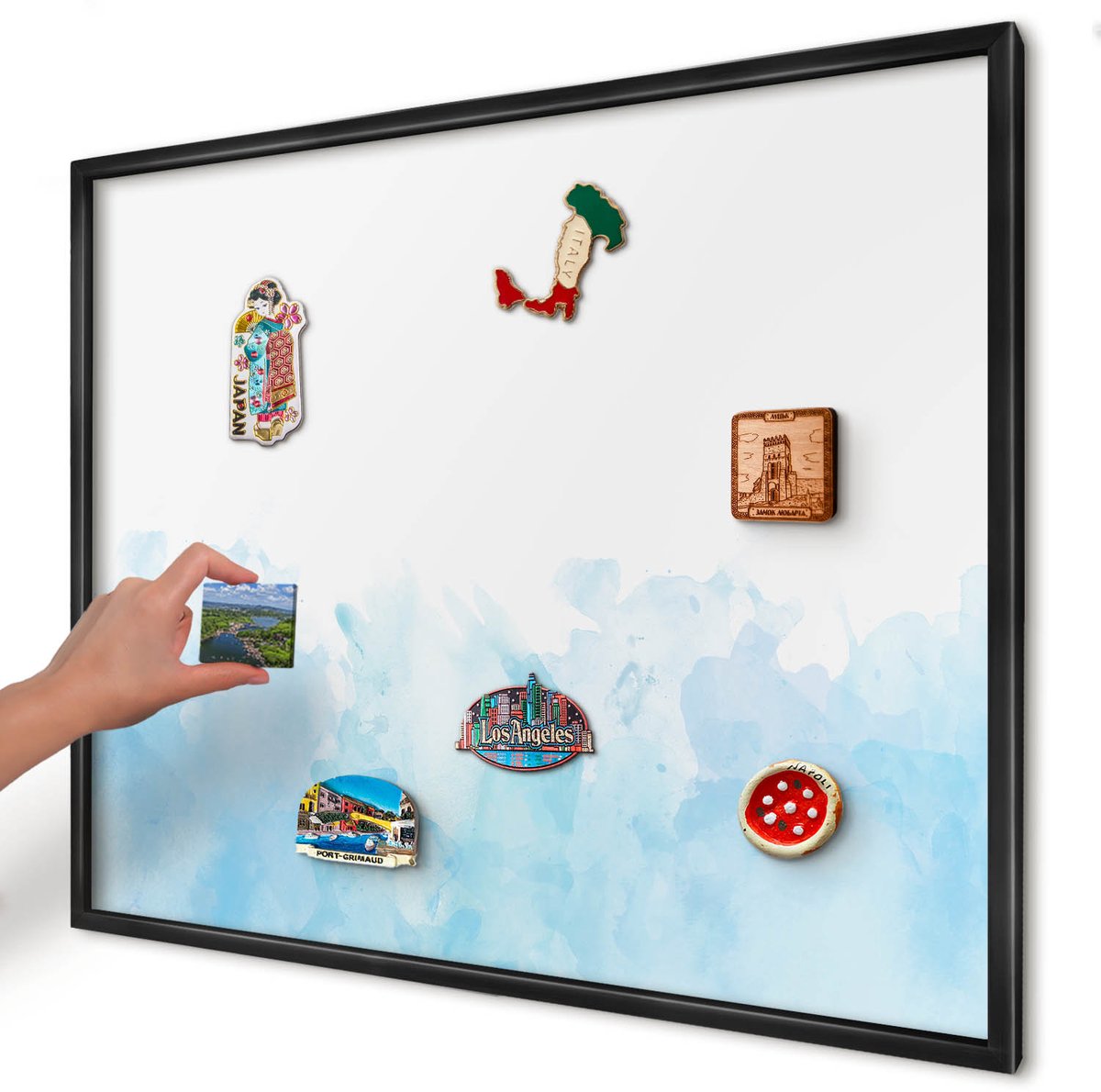 Artprintcave Blauw Magneetbord mit Zwart Frame - 80x60 cm - Rustgevend Landschap Notitiebord - Waterverf Magneetbord Voor Keuken - Abstractie