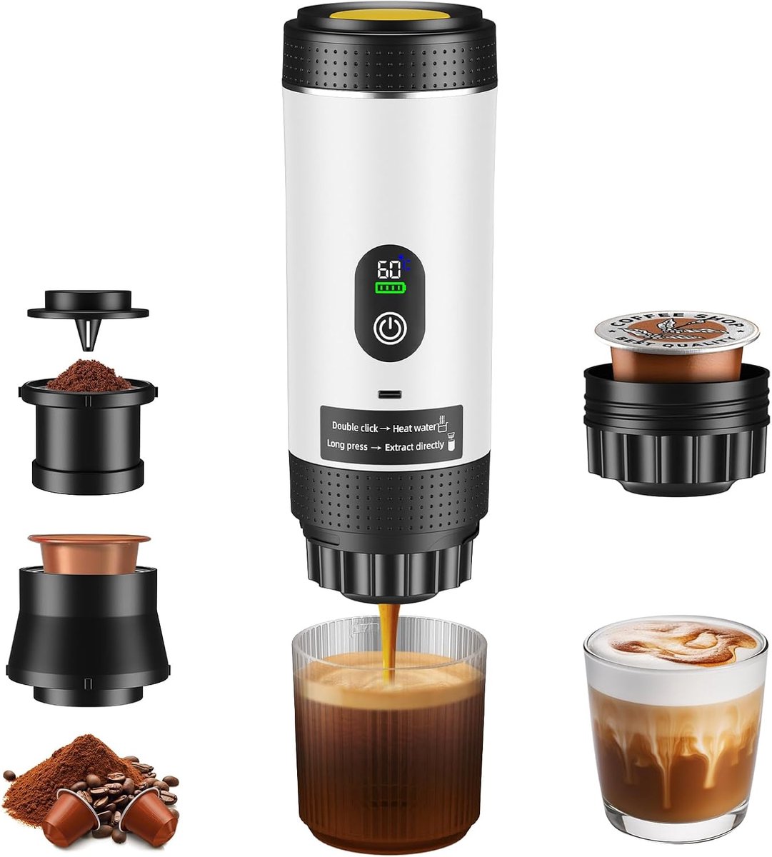 SnelShoppen - Mini koffiemaker voor onderweg - Draagbare koffiezetter - Wit - Ideaal voor camping, reizen en werk - 1 stuk
