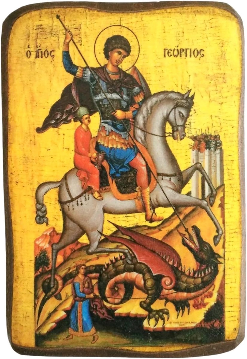 Houtsnede-icoon van de Heilige George, die met zijn paard rijdt en het beest doodt, Grieks-christelijke orthodoxe houten icoon A0