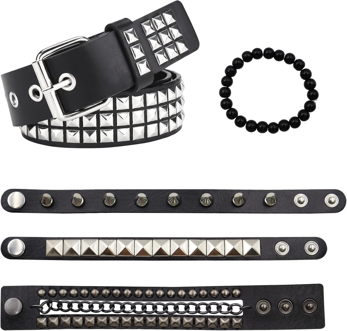 Riem met klinknagels, rock punk, riem met 4 punk-armbanden, punk