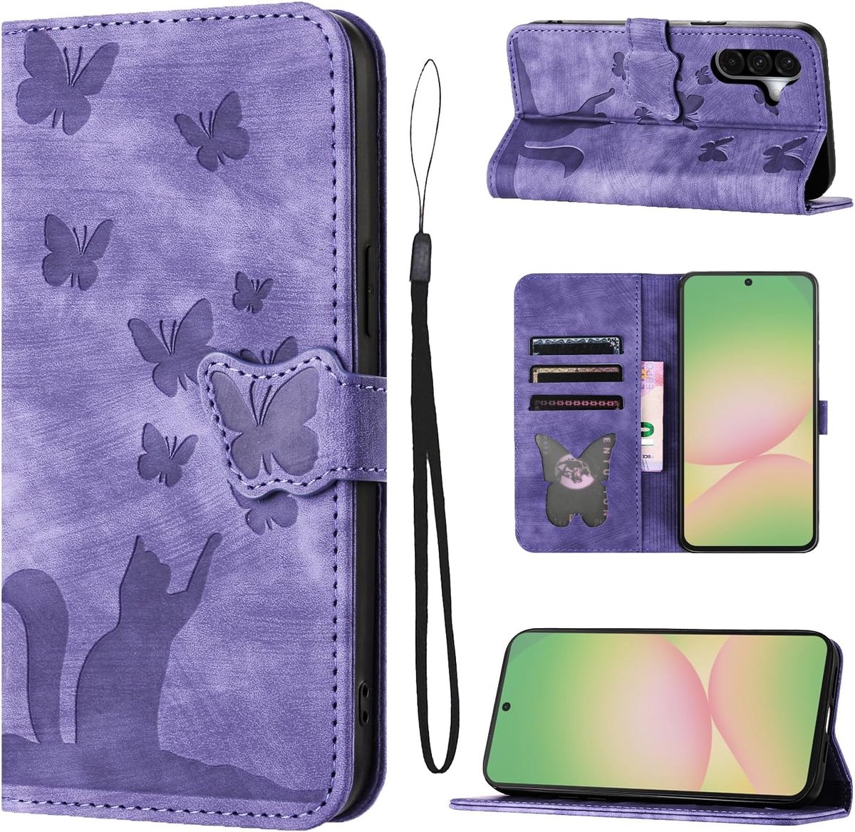 Telefoonhoesje voor Samsung Galaxy A57, hoogwaardig PU-leer, vlinderkat, beschermhoes, hoes met kaartsleuven, inklapbaar, flip case, standfunctie, paars