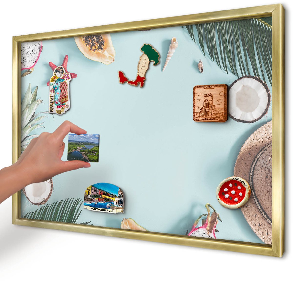 Artprintcave Blauw Magneetbord mit Gouden Frame - 60x40 cm - Tropische Vakantie Magnetische Organizer - Modern Magneetbord Voor Foto's - Natuur