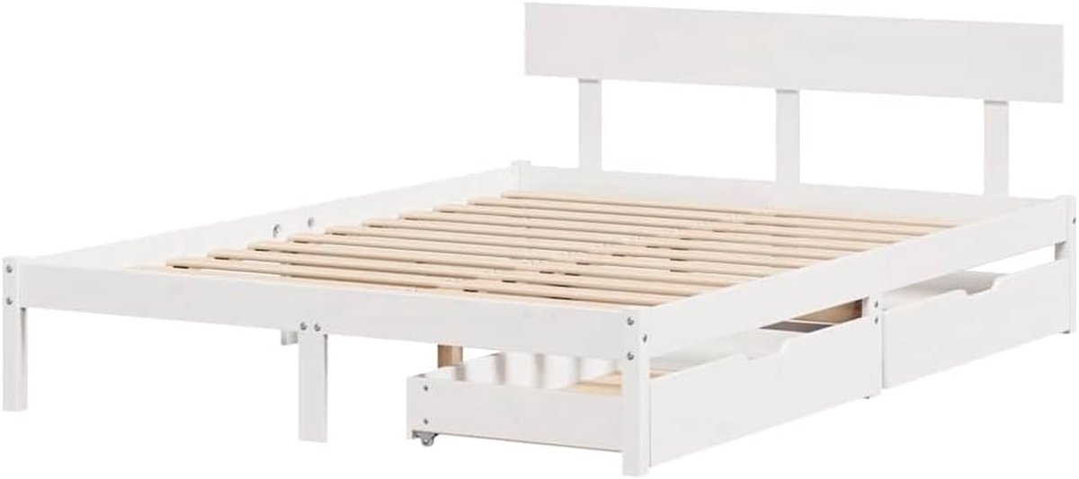 Bedframe met lades - Twijfelaar bed Slaapkamermeubel - Opbergen en slapen - Massief grenenhout frame - 135x190 cm - Wit