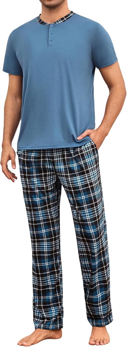 Pyjama heren pyjama top ronde hals korte mouwen en lange broek geruit tweedelige pyjama comfortabele huiskleding S-3XL