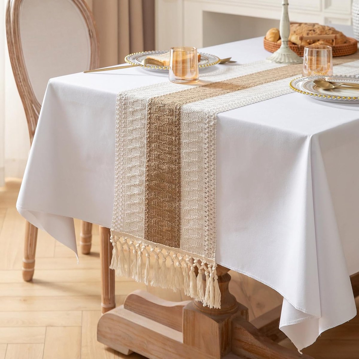 tafelkleed 33 x 120 cm - boho met twee-tonen stiksels - linnen en katoen - decoratie voor keuken en woonkamer - ShopVlot