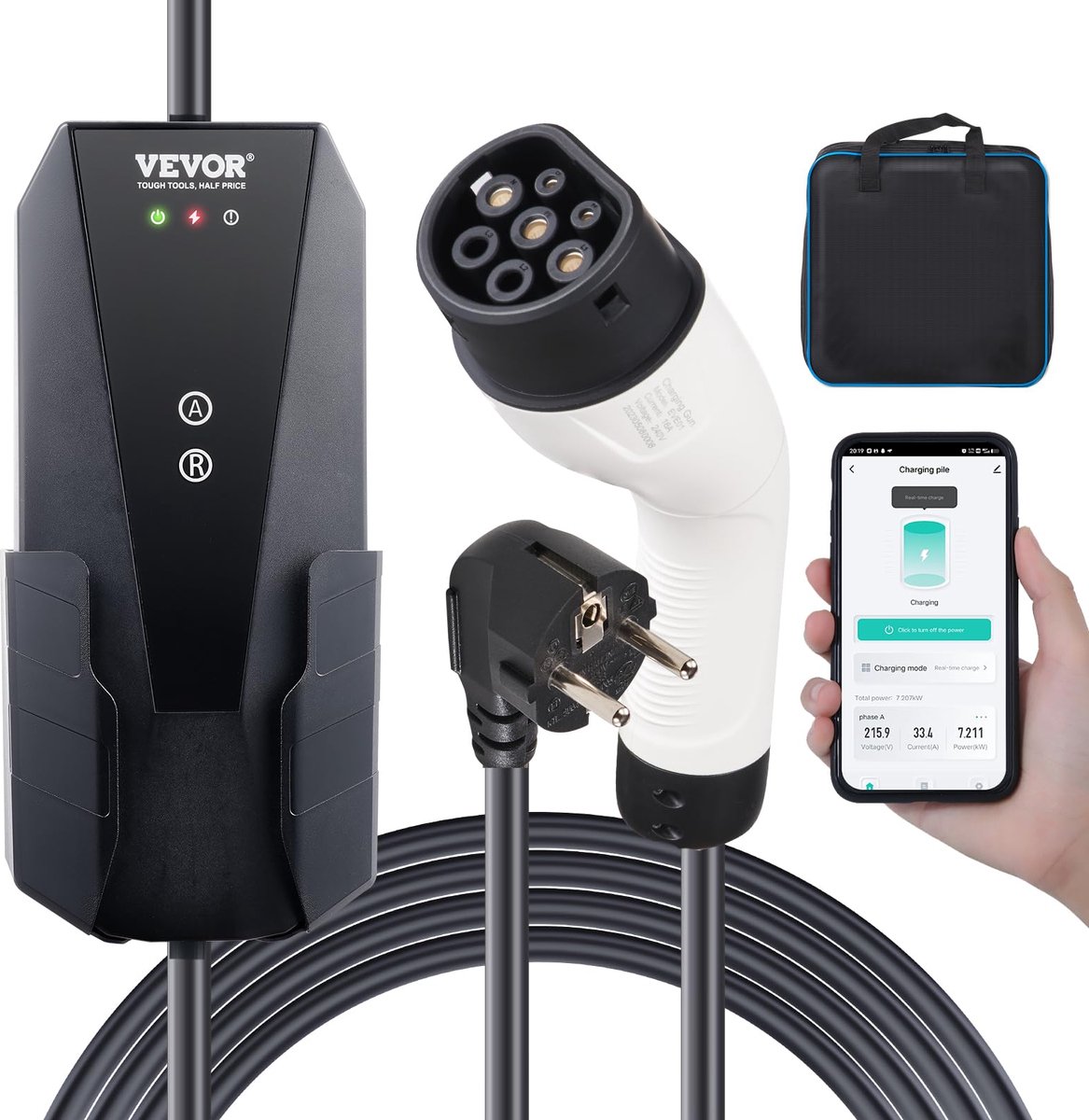 SnelShoppen - Draagbare EV-oplader 16A 3,68kW Type 2 Oplaadkabel met CEE 7/7 Stekker - 8,6 m Kabellengte - IP66 Waterdicht - 1-Fase EV-Laadstation