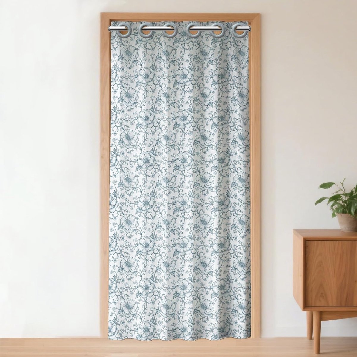Deurgordijn met blauwe bloemen voor deuropening, vintage bloemen, deuropening, kamerverdeler, gordijnen met plastic ringen, vouwdeuren, gordijnen voor kastdeur, slaapkamer, woonkamer