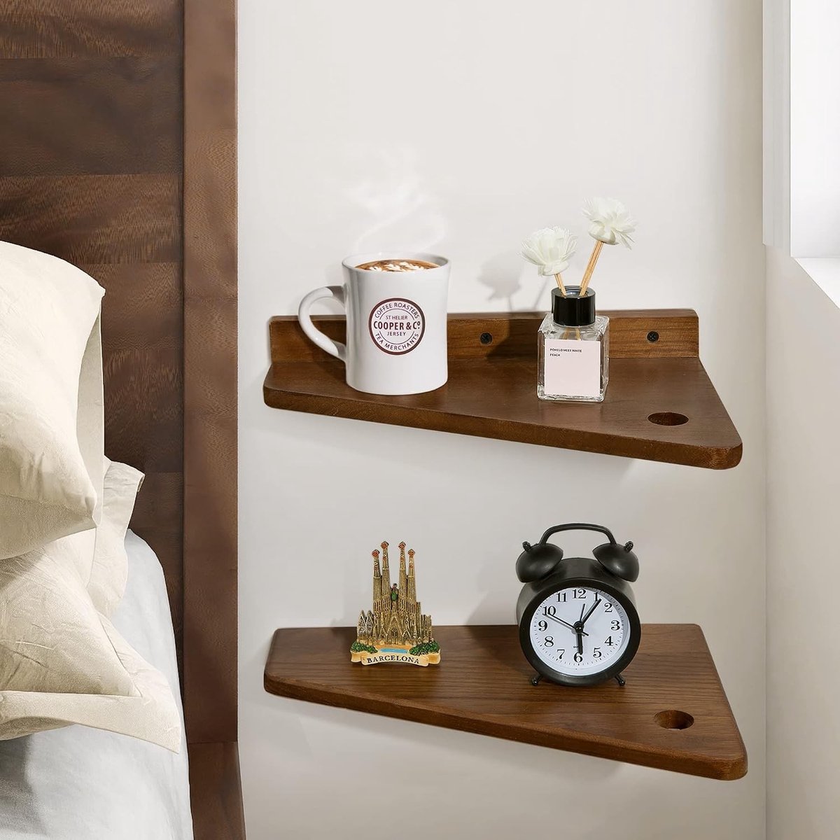 Houten Wandplank Bedtafel voor Slaapkamer en Woonkamer, Set van 2, Ideaal als Organiser en Opbergruimte met Kopjeshouder