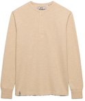 Beige waffle grandad-top met lange mouwen, knoopsluiting en een klein logolabel onderaan.