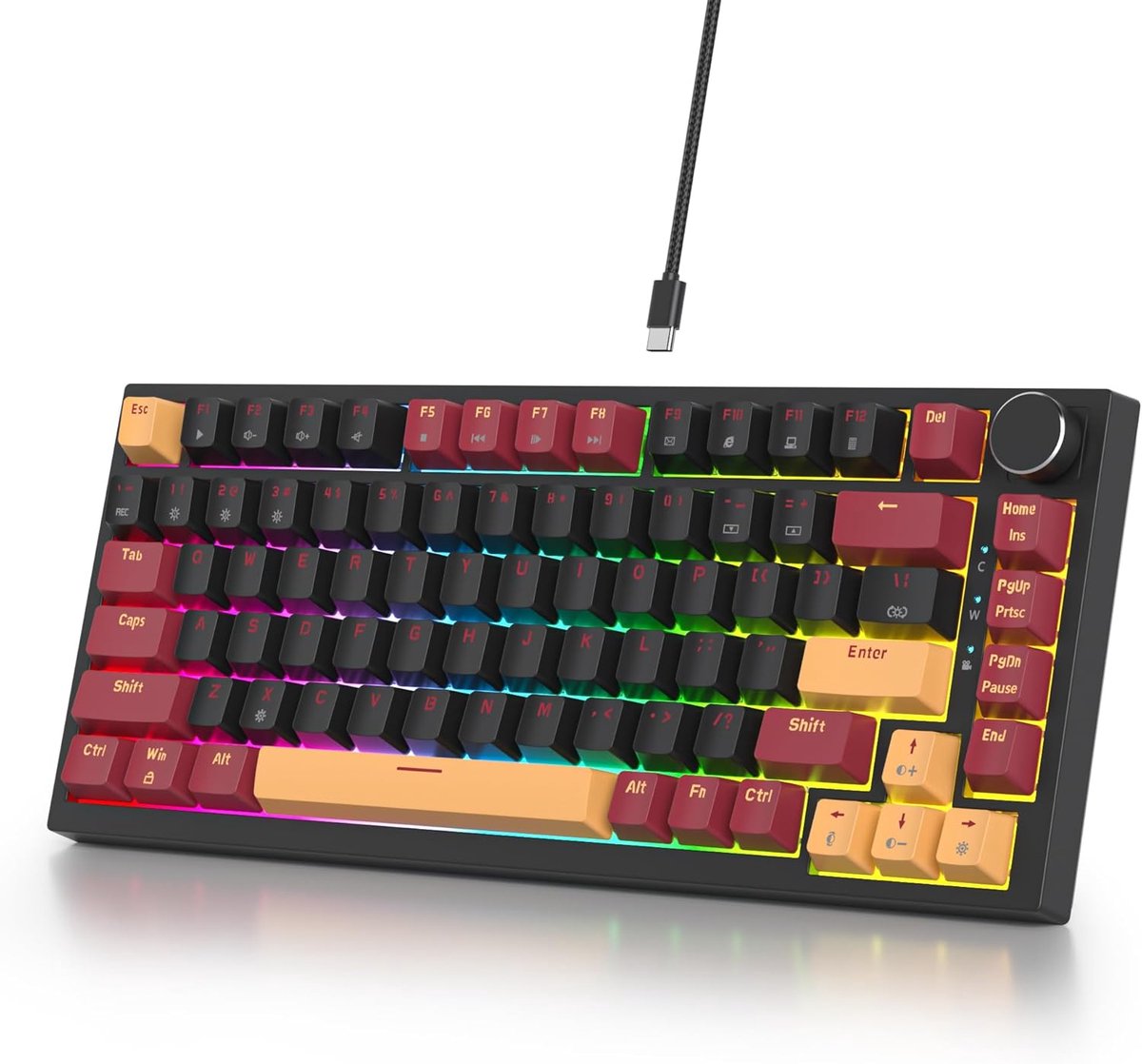 SnelShoppen - Mechanisch Gaming Toetsenbord Bekabeld 75% Hot-Swappable RGB Toetsenbord met Rode Schakelaar TKL 82 Toetsen PBT NKRO Toetsenbord met Vol