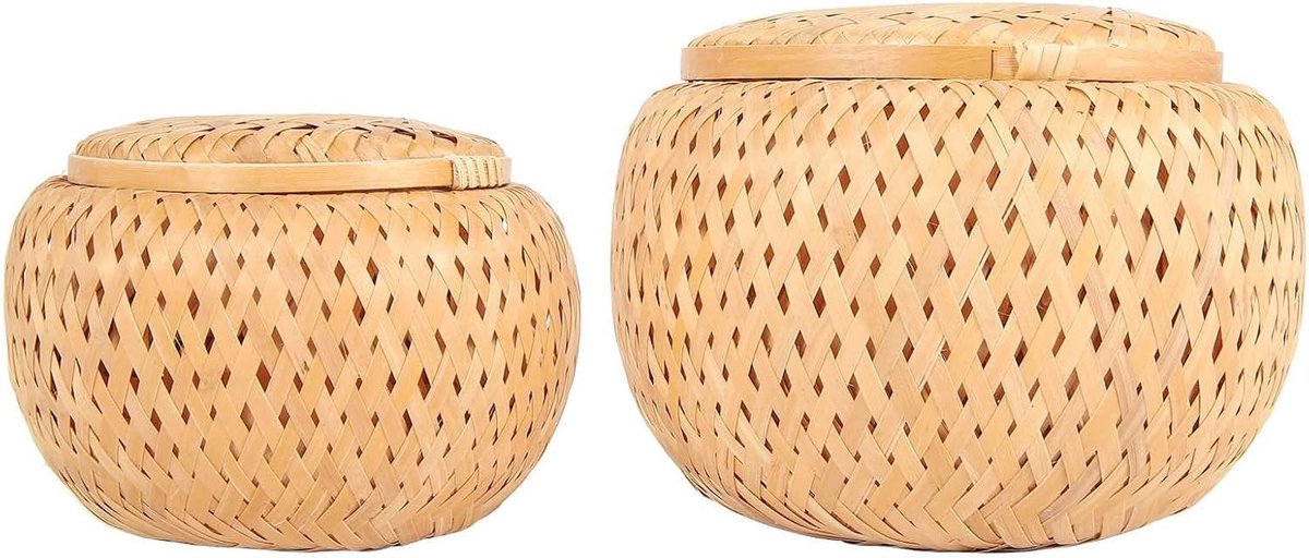 Set van 2 handgemaakte bamboe manden met deksel voor decoratie en opberging van kleine voorwerpen, ideaal voor huis en kantoor