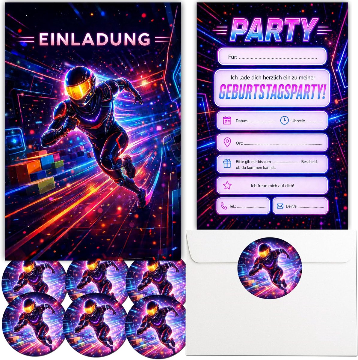 SnelShoppen - Happenings Uitnodigingskaarten Kinderverjaardag Neon Lasertag, 8 Stuks met Enveloppen en Stickers, Gaming Party Decoratie, 10,5 x 15 cm