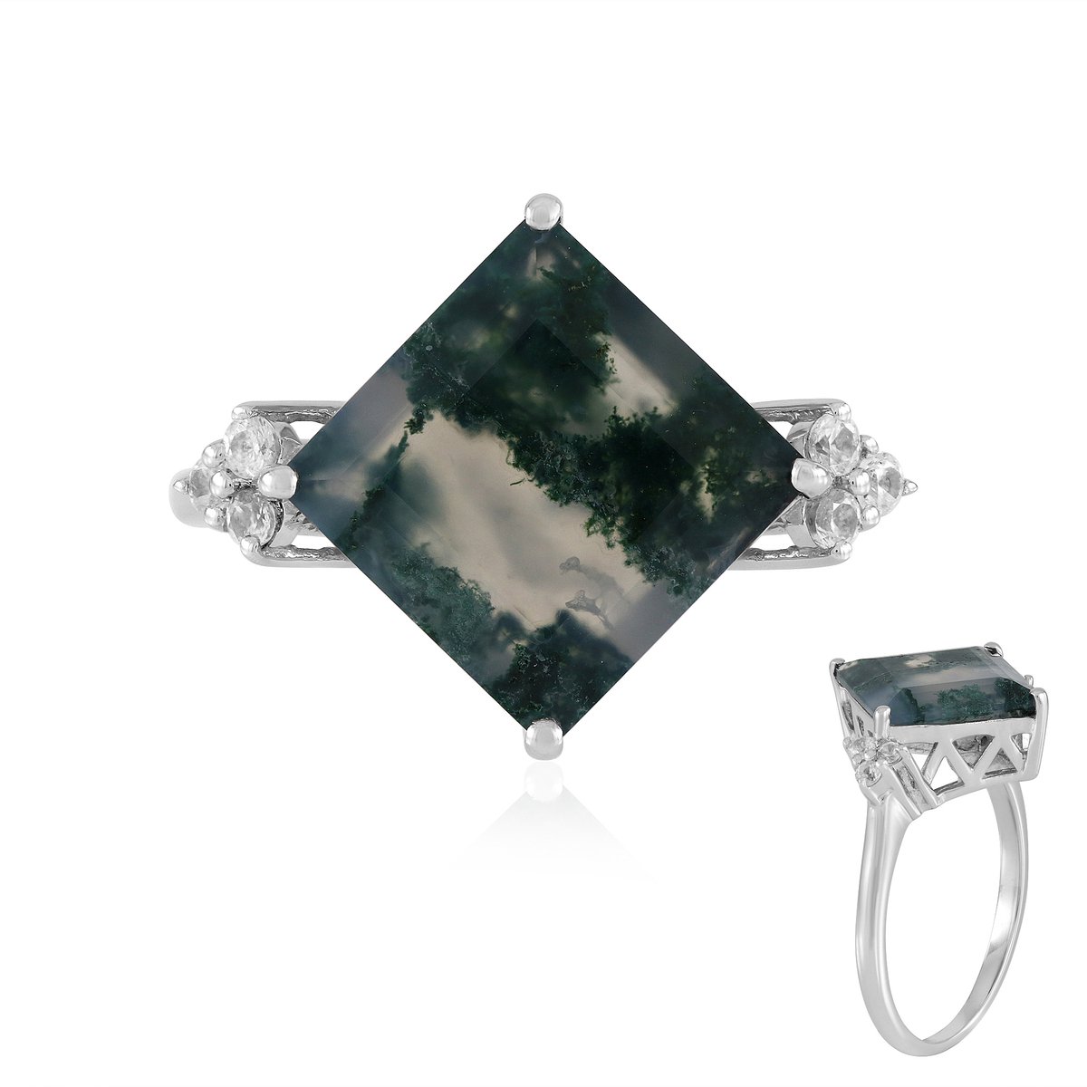 Cavill - Gerhodineerde 925 Sterling Zilver ring - 5,059 ct Braziliaanse carré mosagaat & 0,285 ct Tanzania zirkonen - Elegante damesring