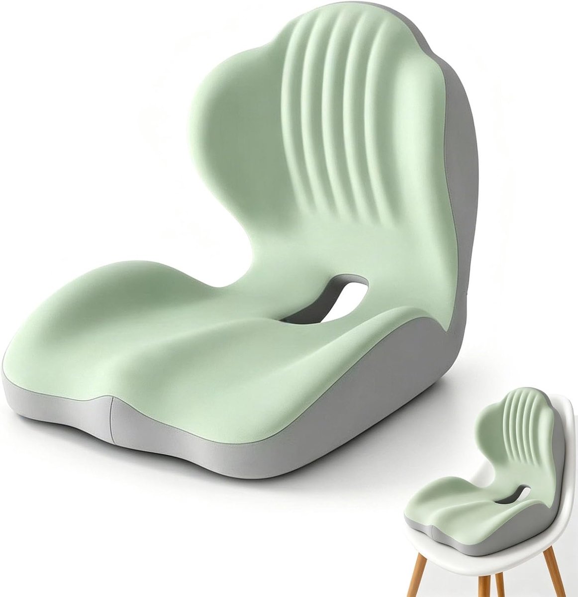 Bobypet - Zitkussen - Lendensteun - Orthopedisch zitkussen - Rugkussen - Traagschuim - Ergonomisch - L-vorm - Voor bureaustoel, auto en rolstoel - Stuitje ontlasting - 40*44*37cm - Groen-grijs (tweekleurig)