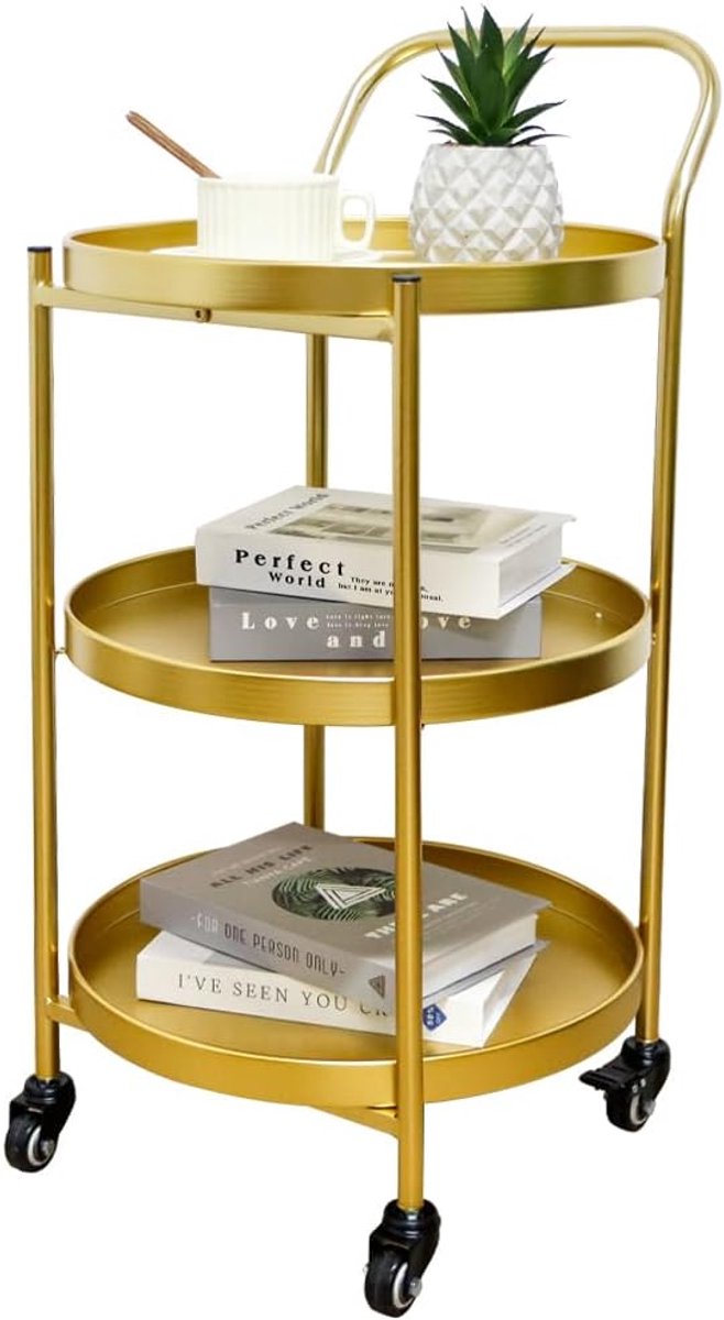 Rollende barwagen 78 cm - gouden metaal - 3-laags design - ideaal voor keuken en vermaak - ShopVlot
