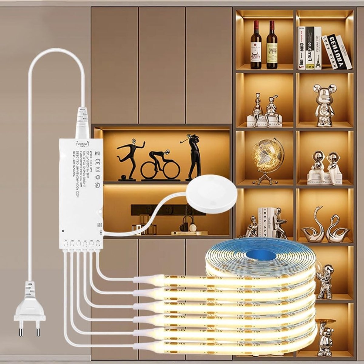 COB LED-strip 12V, 6 rollen van 2 m warmwit licht, dimbare verlichting voor kast, keuken en wijnrekken met aanraak- en handsweep schakelaar
