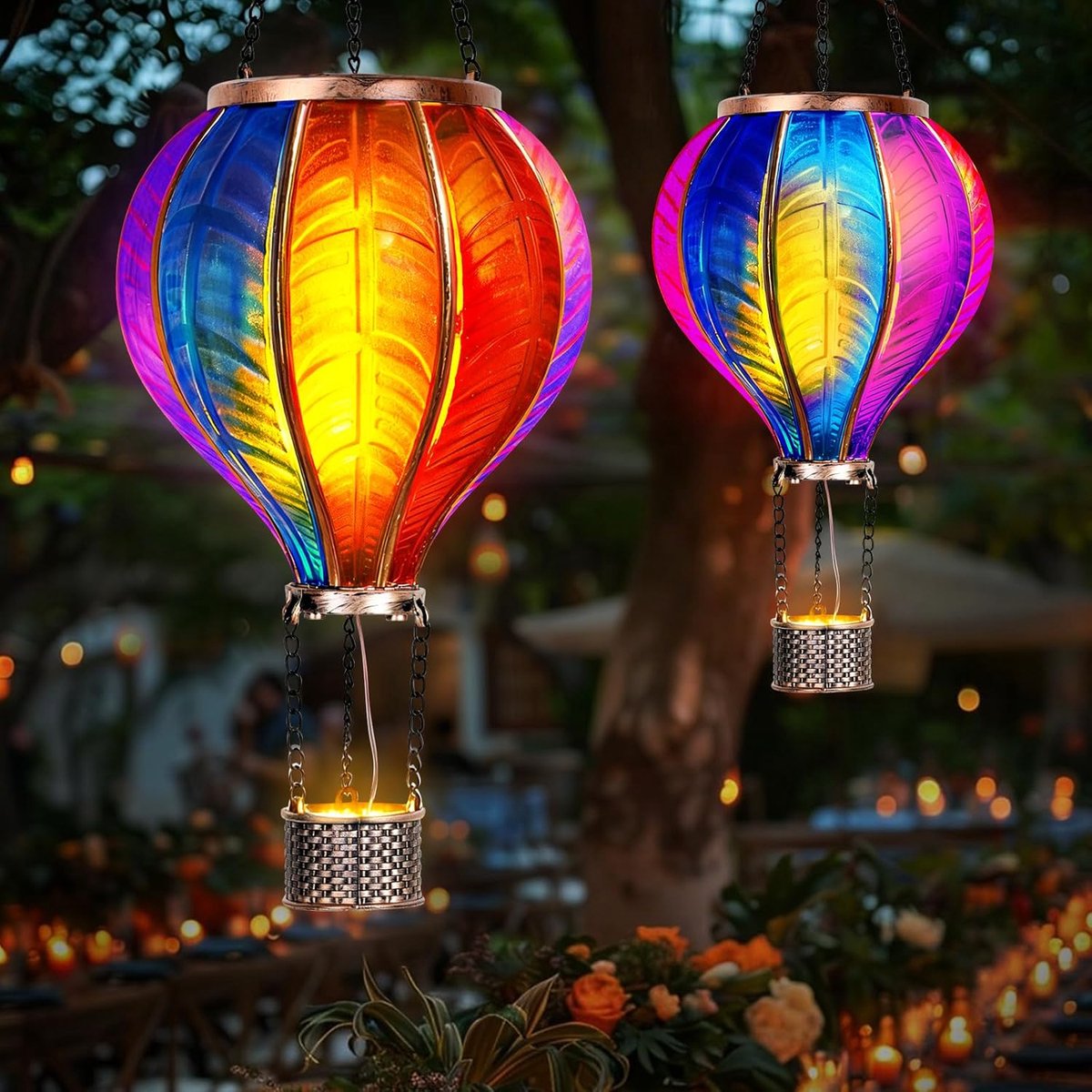 SnelShoppen - Extra Grote Solar Lantaarn 46.5 x 13.7 cm, Metalen Ballon Decoratie met Vlam Effect voor Tuin, Terras, Balkon en Laan, Buitenverlichting