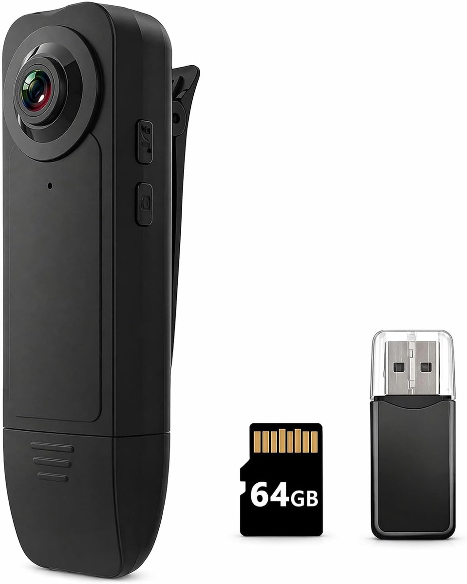 SnelShoppen - Lichaamscamera HD 1080P met audio, mini-bewakingscamera, nachtzicht, bewegingsdetectie, 64 GB voor professioneel gebruik, reizen, beveil