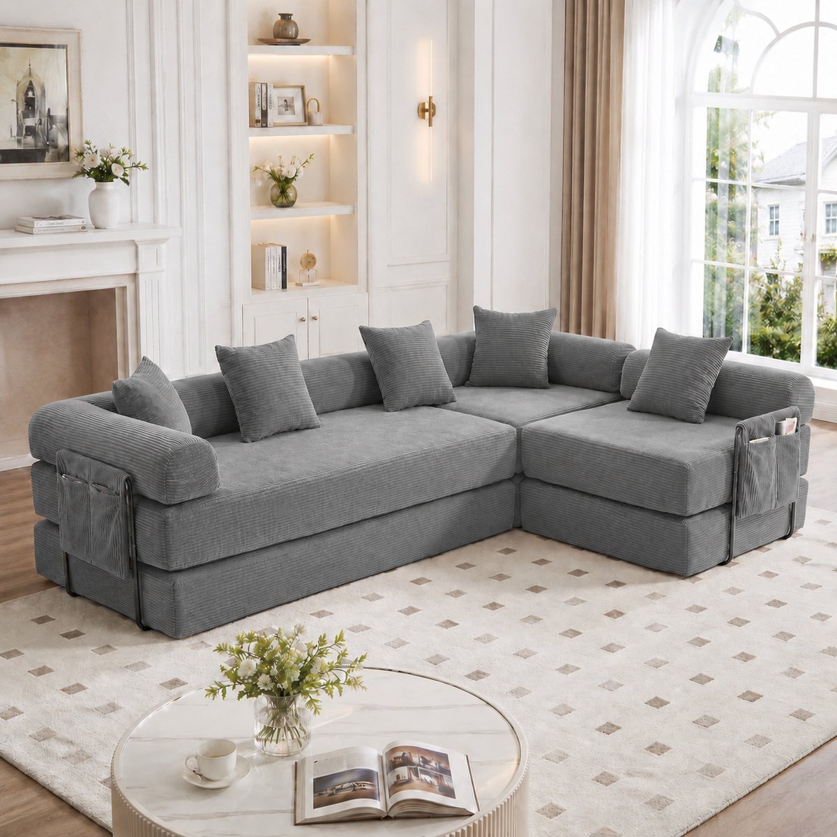Modulaire 4-Zitsbank - Corduroy Lounge Bank Met Opbergtassen En Slaapfunctie - Donkergrijs