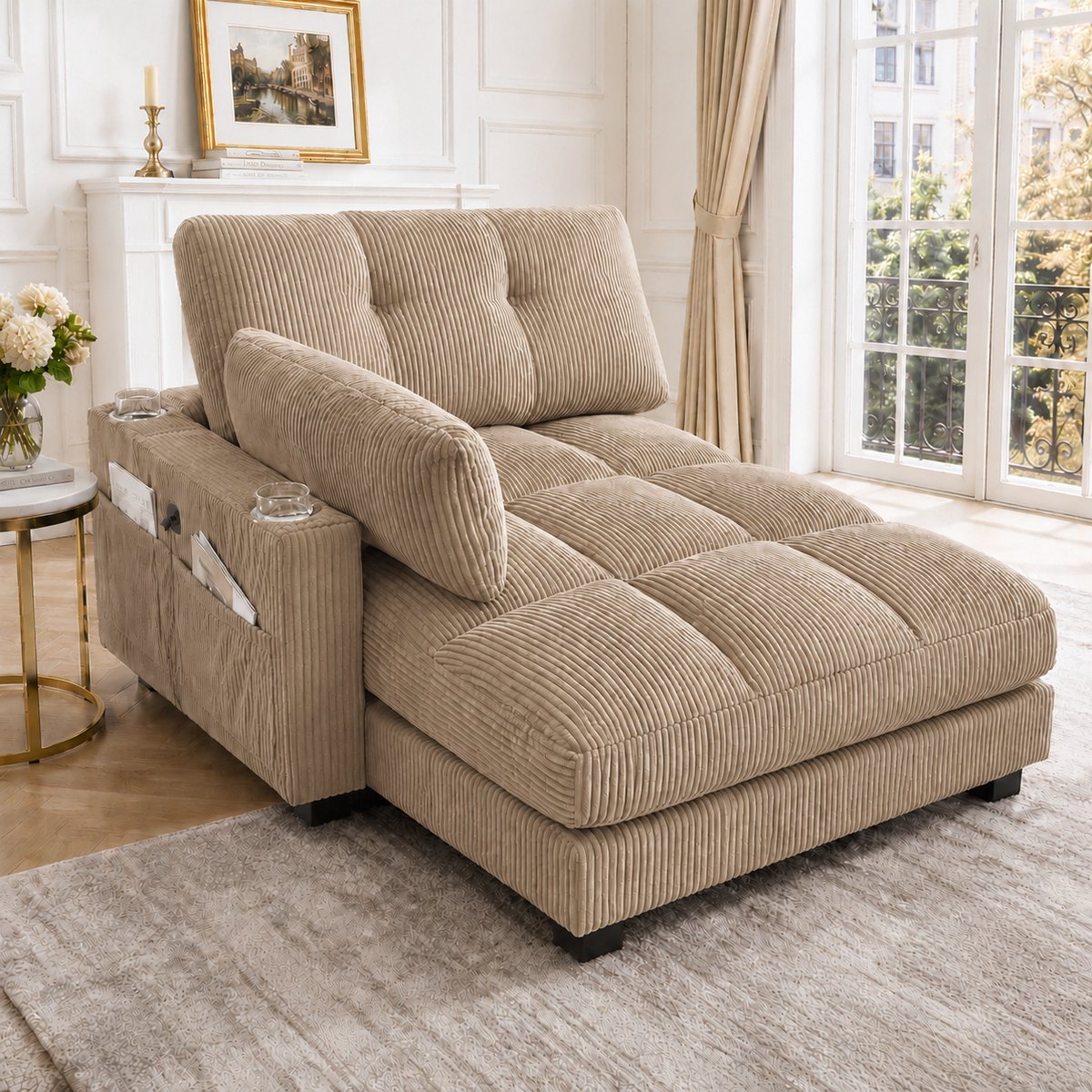 Lounge Fauteuil Ribstof Beige - Relaxstoel Met USB, 3 Bekerhouders En Zijvak