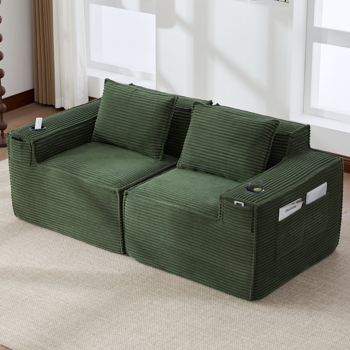 2-Zits Bank Met Bekerhouders En Opbergzakken - Corduroy Groen - 188 cm