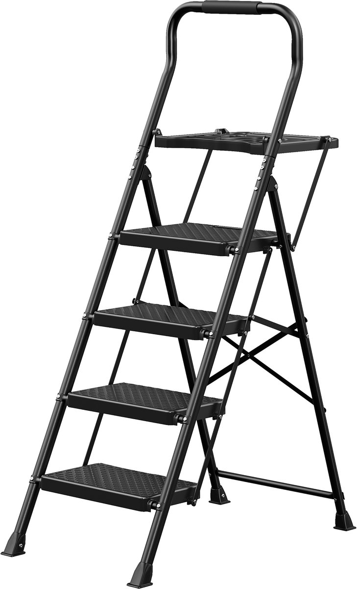 Opvouwbare trap - 4-treden opvouwbare ladder van staal - 84 x 45,5 x 145,2 cm - Zwart