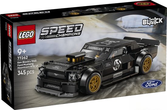 LEGO Speed Champions doos met zwarte Ford Mustang Hoonicorn V1, met "HOONIGAN" en Ford logo's.