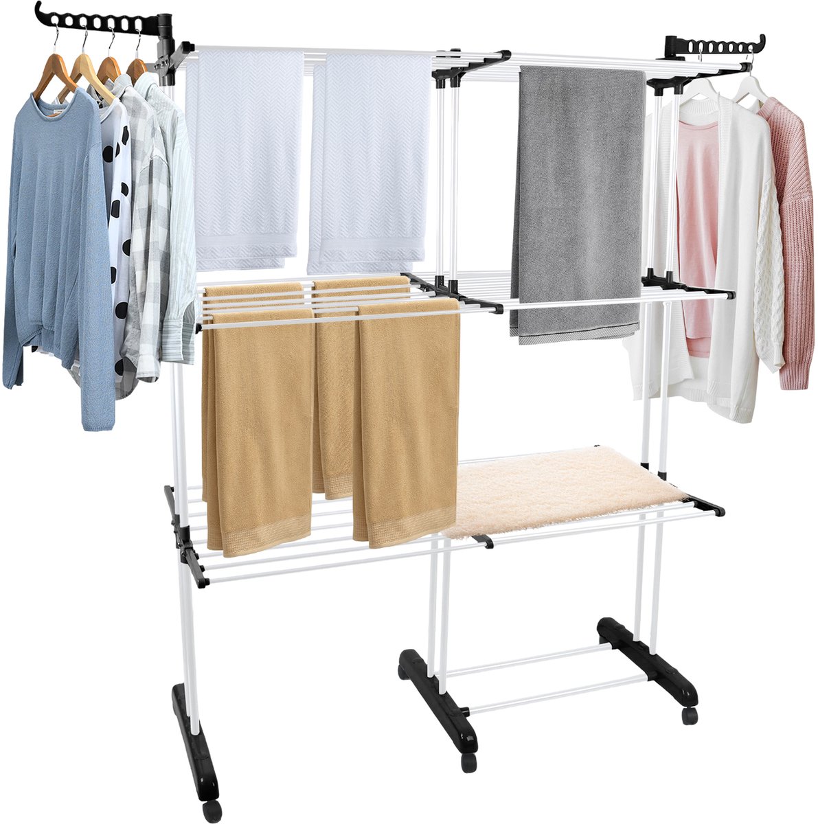 PIPIPOXER- Wasrek Inklapbaar-Droogrek-Staand Droogrek -Uitschuifbare Droogtoren – 3 Verdiepingen – 132 meter Drooglengte- Ruimtebesparend Wasrek -132x49x170 CM- Droogrek op Wielen - Zwart-wit