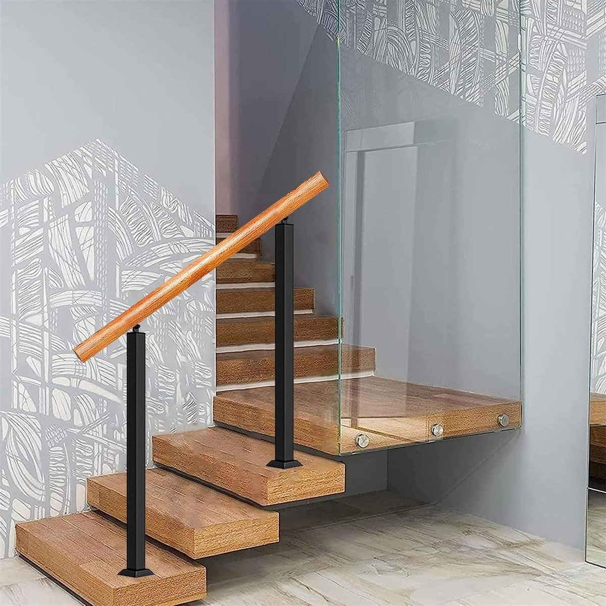 Trapleuning - Traphek Handgreep - Veilige Traplopen - Smeedijzer en Hout - 85 cm Hoog - Zwart
