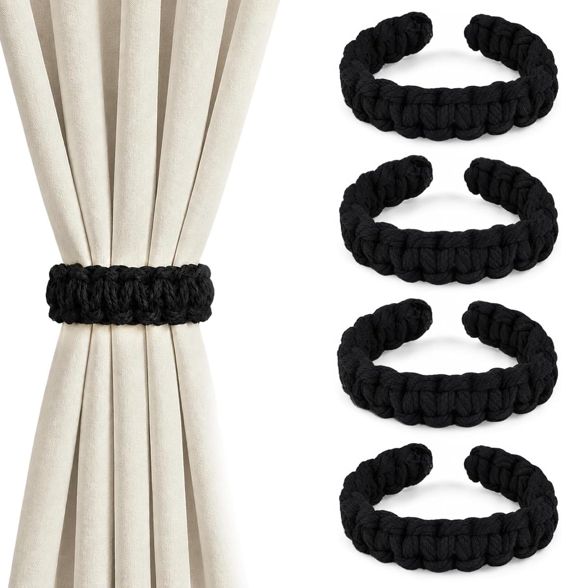 SnelShoppen - 4 Stuks Gevlochten Gordijn Touwen, Boho Gordijnhouders (Zwart) | Gordijnaccessoires voor Thuis, Buiten, Slaapkamer en Kantoor