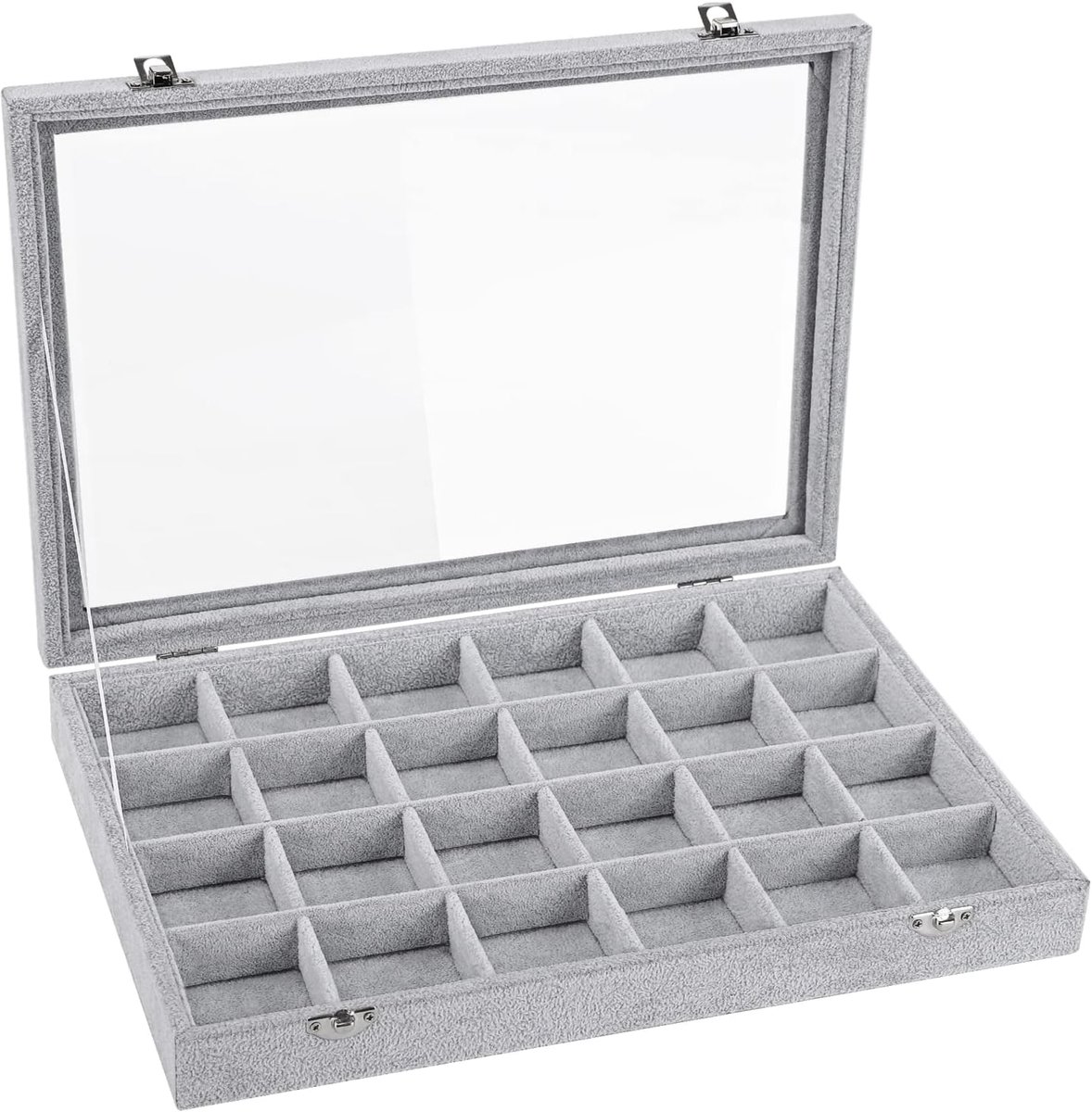 SnelShoppen - Velvet Sieraden Organizer Doos met 24 Vakjes en Duidelijke Deksel | Ringen, Oorbellen, Armbanden, Kettingen Bewaar- en Toonoplossing, Gr