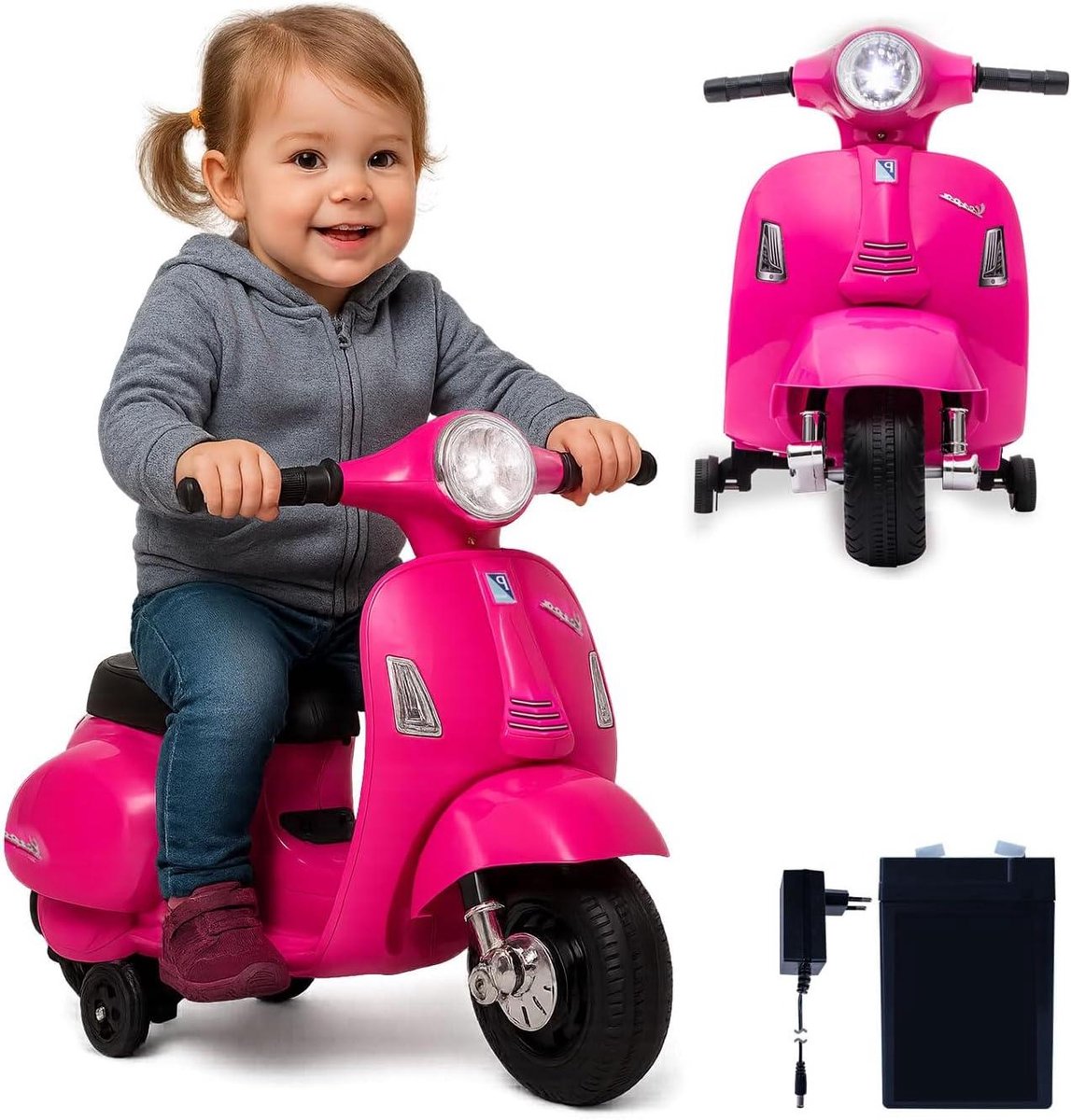 Elektrische Vespa Kinderauto - Loopauto Speelgoedscooter - Buitenspelen - Zijwielen - 4.7 kg - Rood