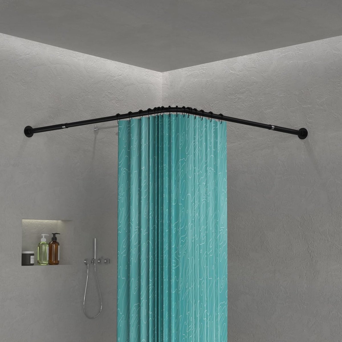 SnelShoppen - L-vormige Douchegordijnstang Verstelbare Stang voor Badkamer, Rvs Zwart, 24.4-37 x 141-174cm, Heavy Duty Douchegordijnstangen voor Vocht