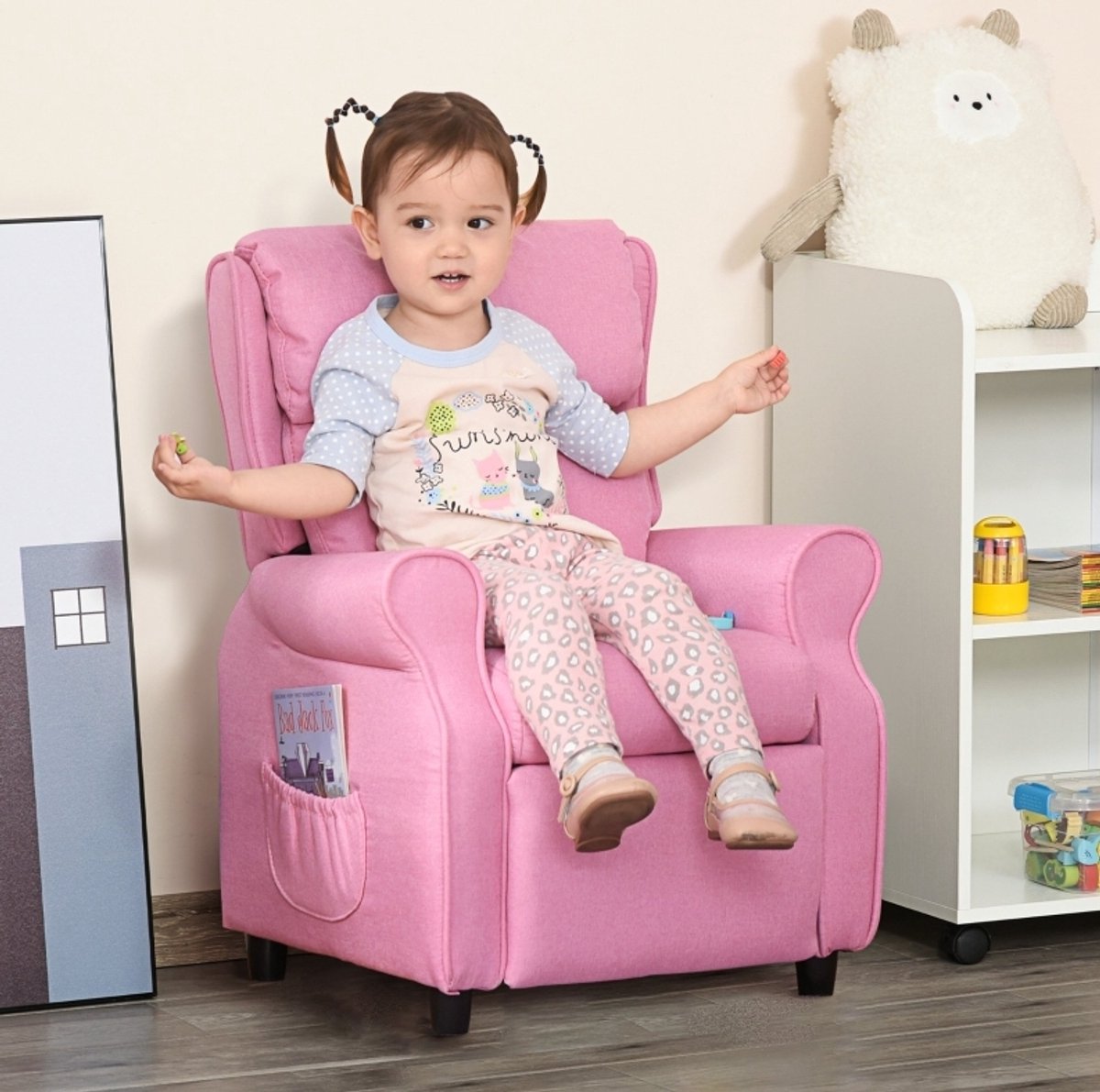 COVREO Kindersofa 58 x 53 x 70 cm, roze, stof en hout, verstelbare rugleuning