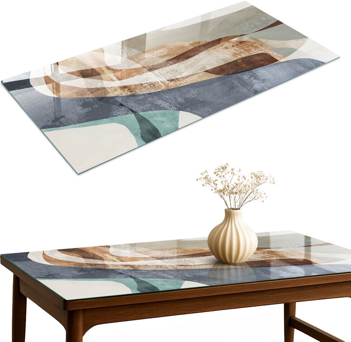 ArtPrintCave Elegante compositie Glazen Tafelblad 140x70 cm - Tafelblad Rechthoek - Bruin Glazen Eettafel - Abstractie Keukentafel