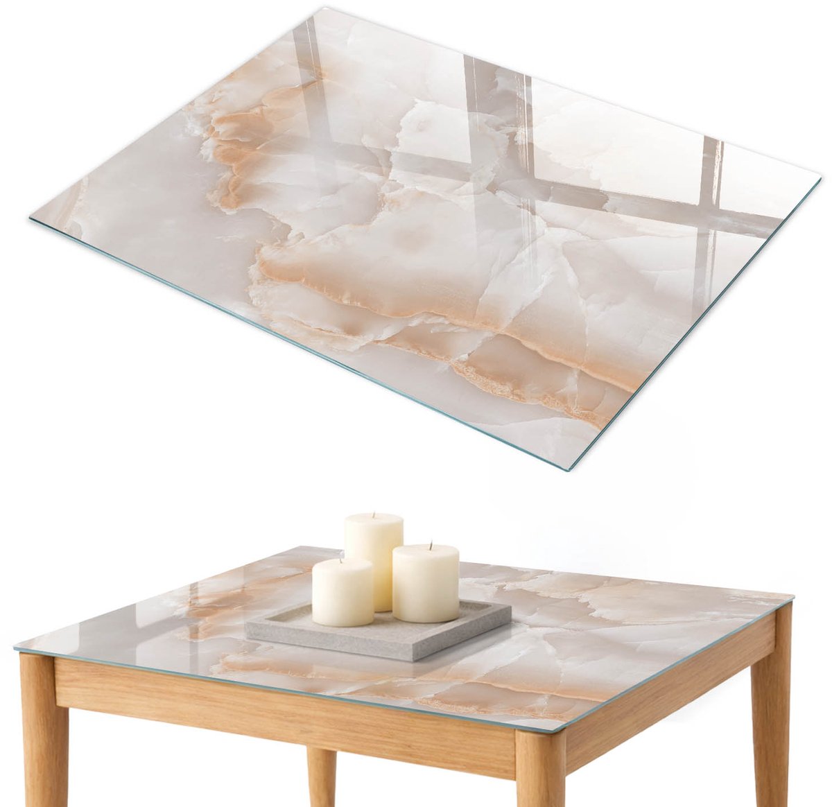 ArtPrintCave Marmerpatroon Glazen Tafelblad 100x70 cm - Tafelblad Rechthoek - Beige Keukentafel - Texturen Tafelblad Glas