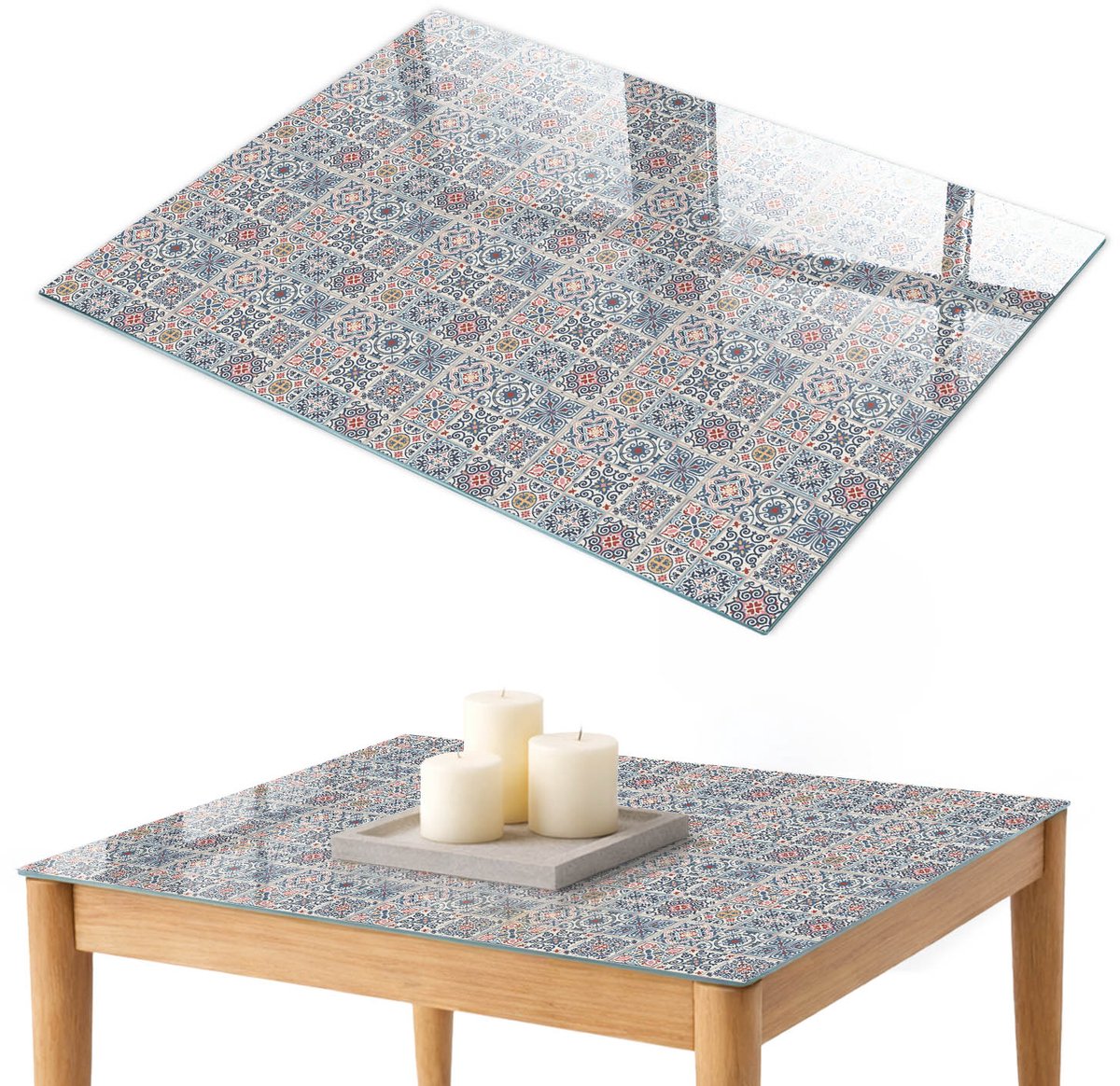 ArtPrintCave Veelkleurig mozaïek Glazen Tafelblad 100x70 cm - Tafelblad Rechthoek - Blauw Keukentafel - Achtergronden en patronen Terrastafel