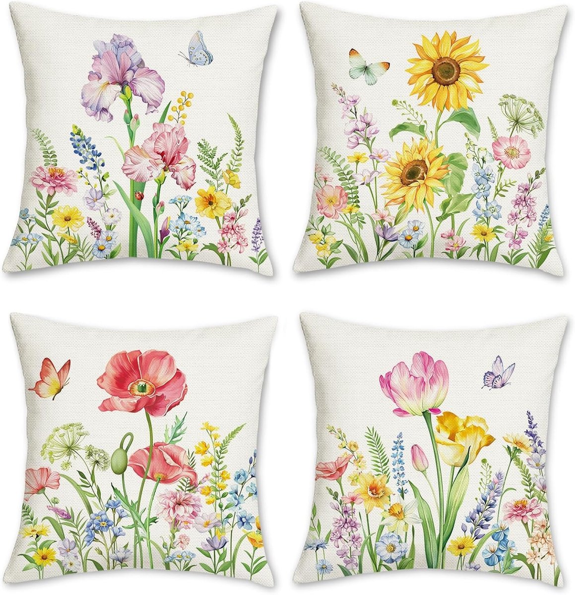 Decoratieve Kussenhoezen met Tuinbloemen 45 x 45 cm - Iris, Zonnebloem en Klaproos - Set van 4 voor Binnen en Buiten, Perfect voor Lente en Zomer Decoratie