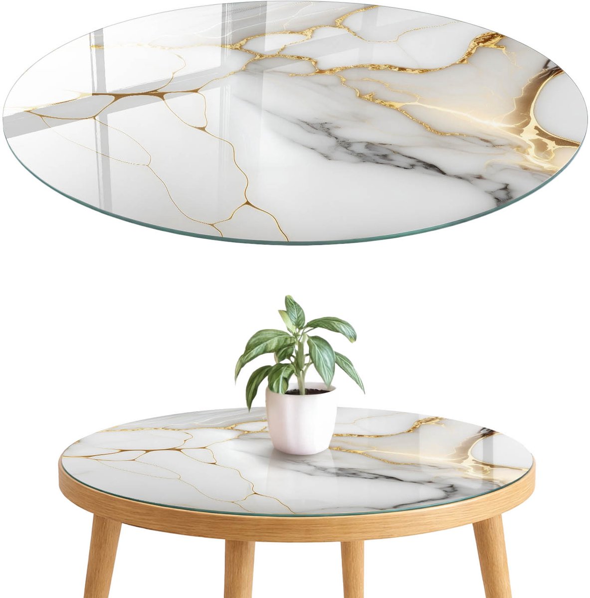 ArtPrintCave Abstract marmer Glazen Tafelblad fi70 cm - Tafelblad Rond - Wit Bureaublad - Abstractie Glasplaat