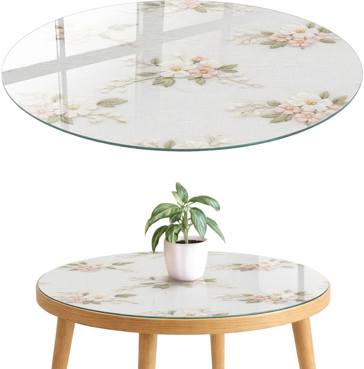 ArtPrintCave Pastelkleurige bloemen Glazen Tafelblad fi70 cm - Tafelblad Rond - Wit Tafelblad Glas - Bloemen en planten Terrastafel