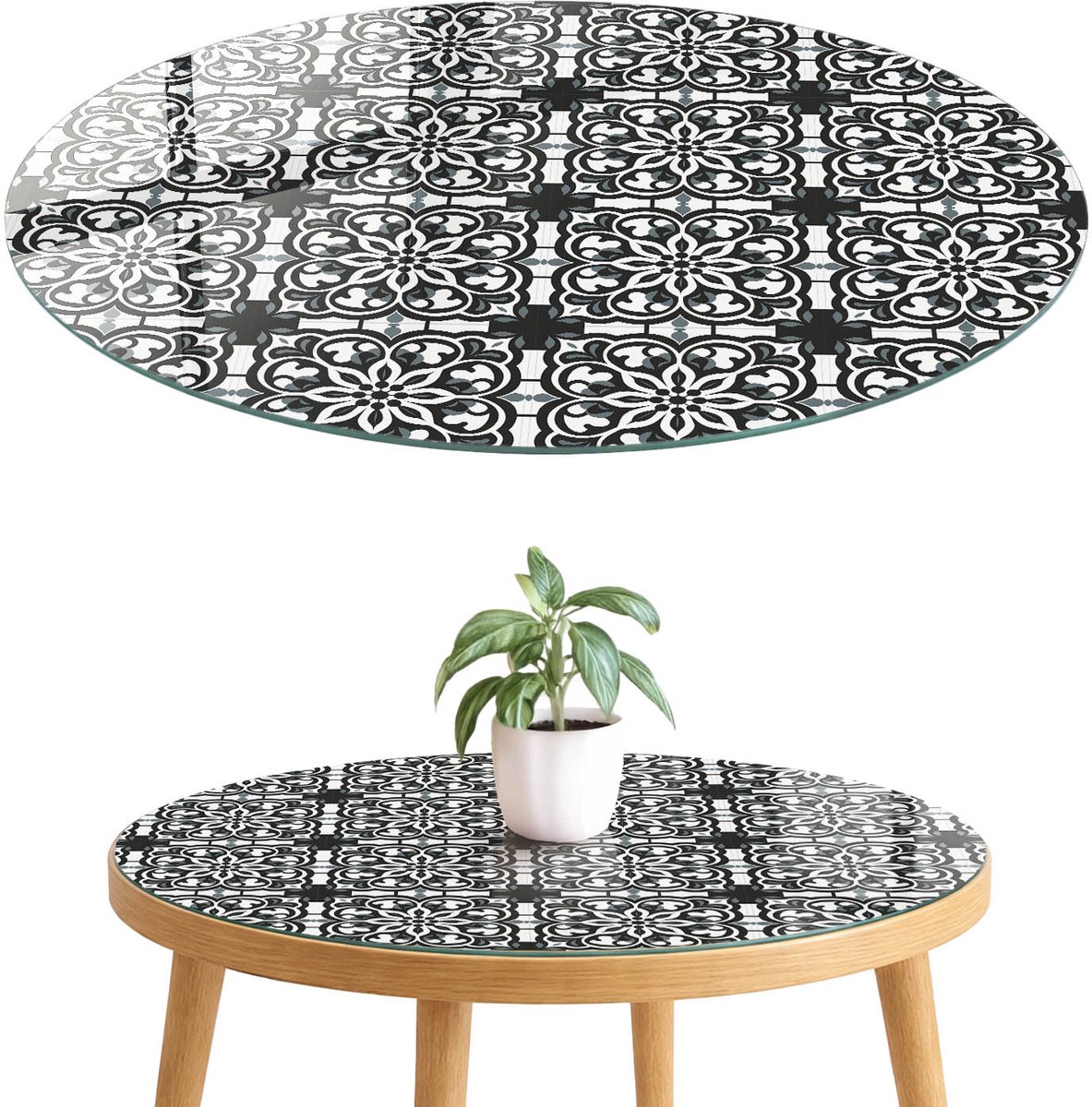ArtPrintCave Tegelpatroon Glazen Tafelblad fi70 cm - Tafelblad Rond - Zwart Glazen Eettafel - Achtergronden en patronen Bureaublad