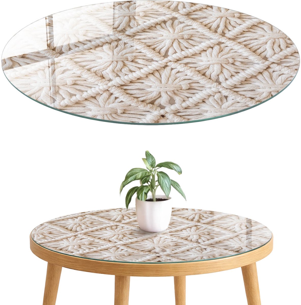 ArtPrintCave Macramépatroon Glazen Tafelblad fi70 cm - Tafelblad Rond - Romig Glazen Eettafel - Texturen Keukentafel