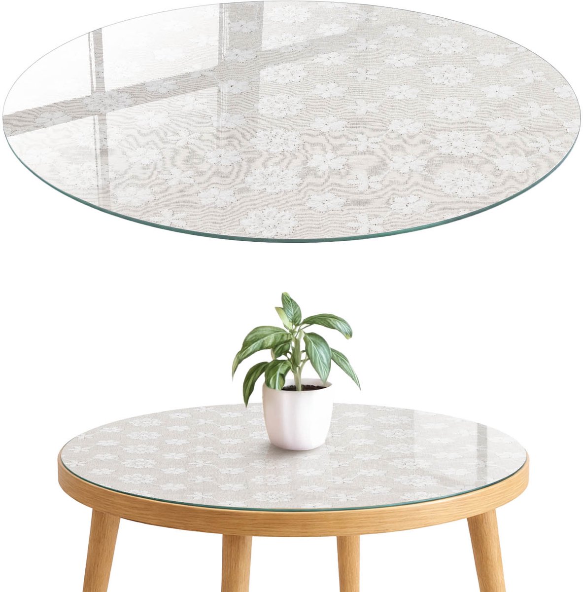 ArtPrintCave Bloemenpatroon Glazen Tafelblad fi70 cm - Tafelblad Rond - Wit Terrastafel - Bloemen en planten Tafelblad Glas