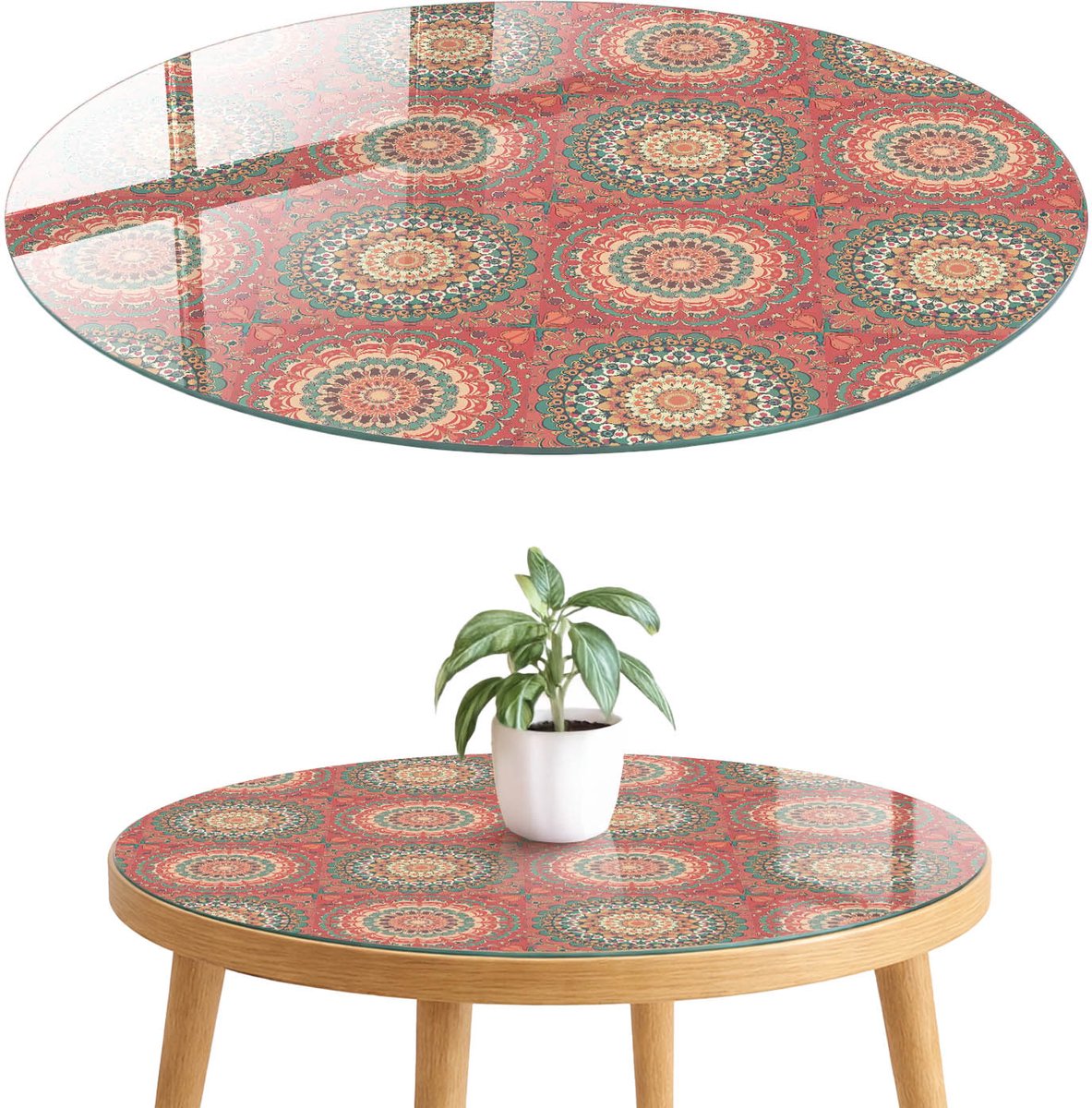 ArtPrintCave Mandala-decoratie Glazen Tafelblad fi70 cm - Tafelblad Rond - Rood Terrastafel - Achtergronden en patronen Keukentafel